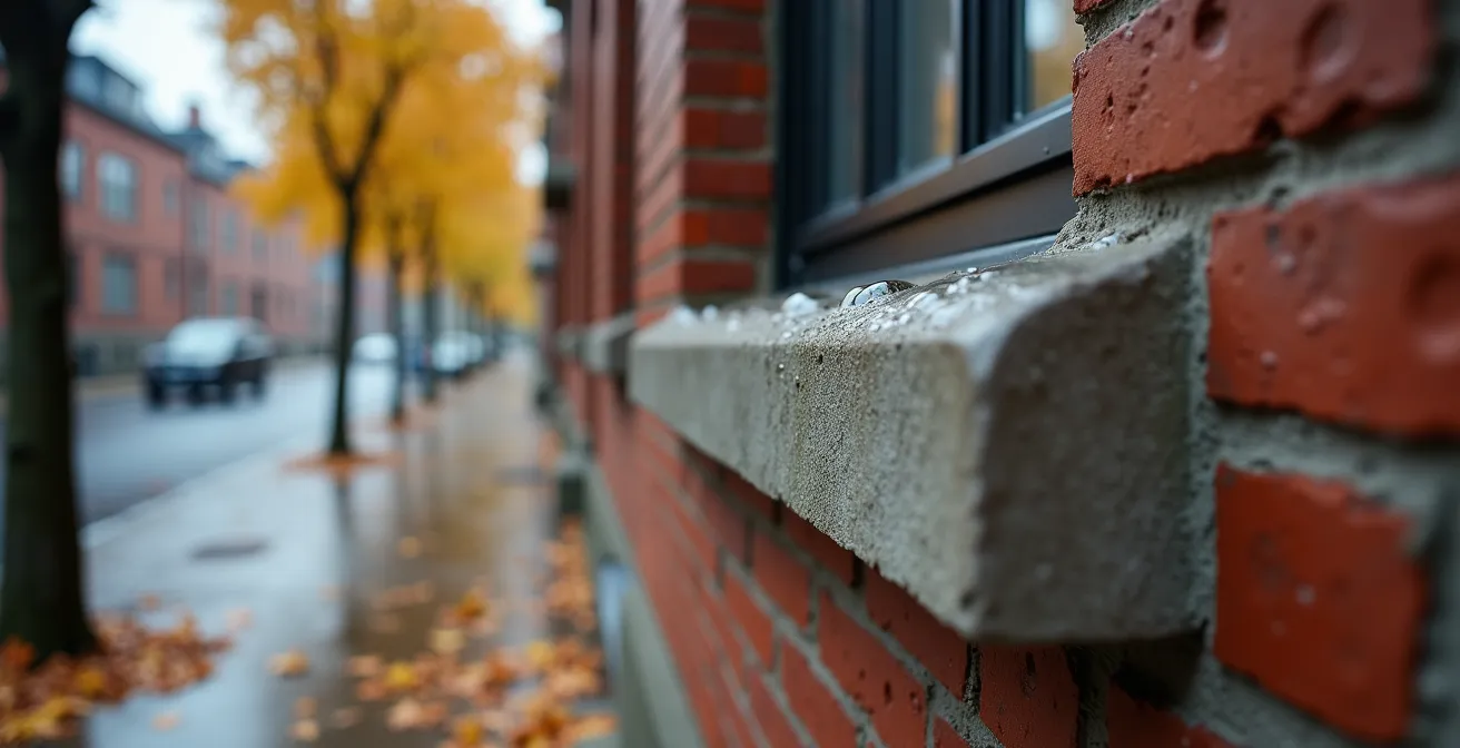 Vue détaillée d'une allège de fenêtre avec système d'évacuation d'eau et larmier visible par temps de pluie
