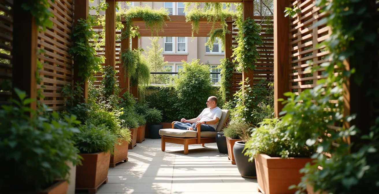 Cour arrière de maison de ville avec écrans d'intimité végétalisés et pergola stratégique