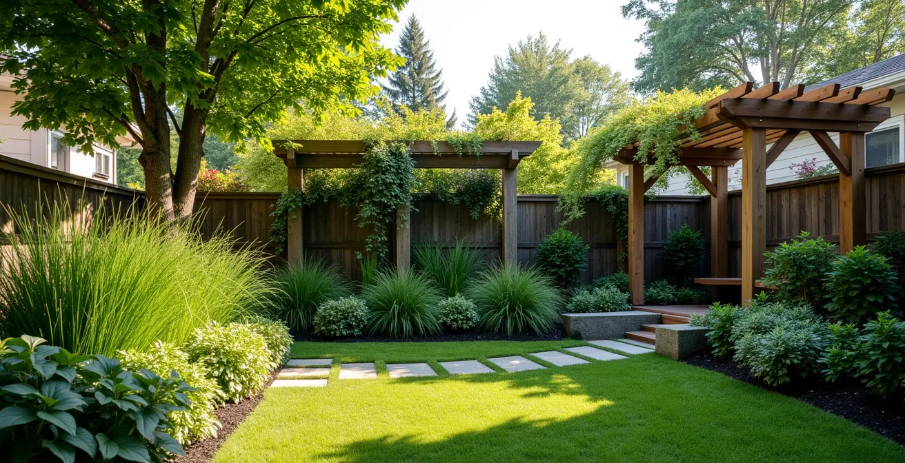 Cour arrière de maison de ville québécoise avec aménagement paysager stratégique créant de l'intimité
