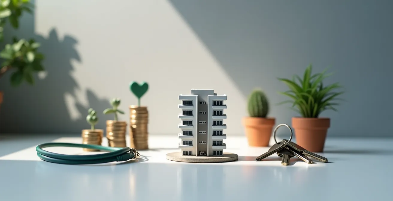 Vue d'ensemble d'un immeuble à logements moderne avec diverses installations génératrices de revenus supplémentaires