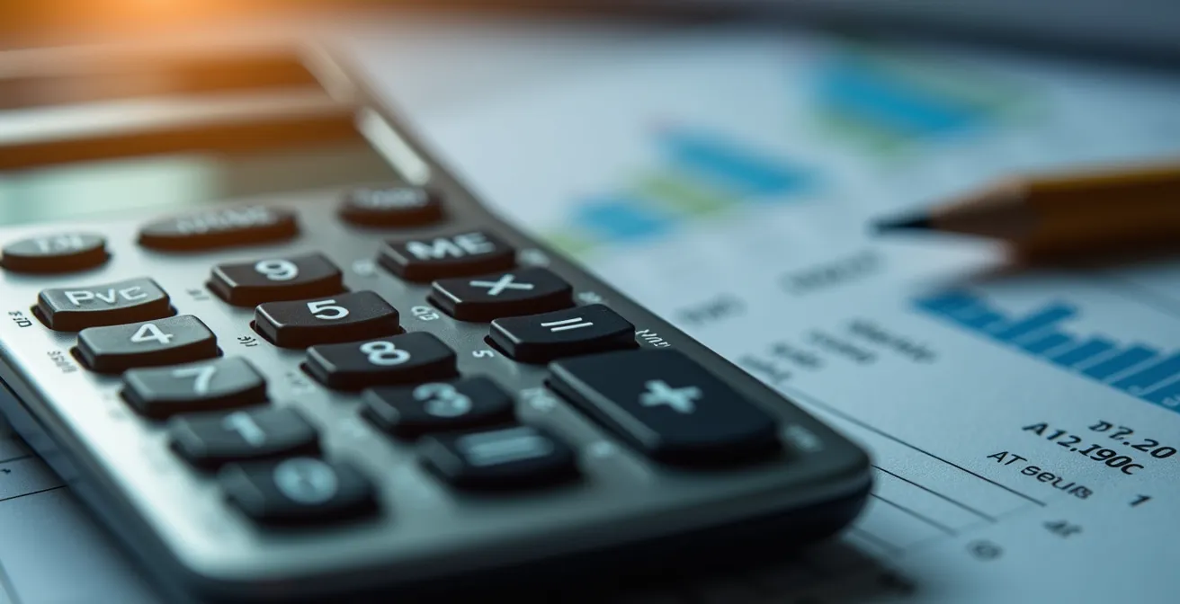 Vue macro d'une calculatrice et de documents d'analyse financière pour investissement immobilier