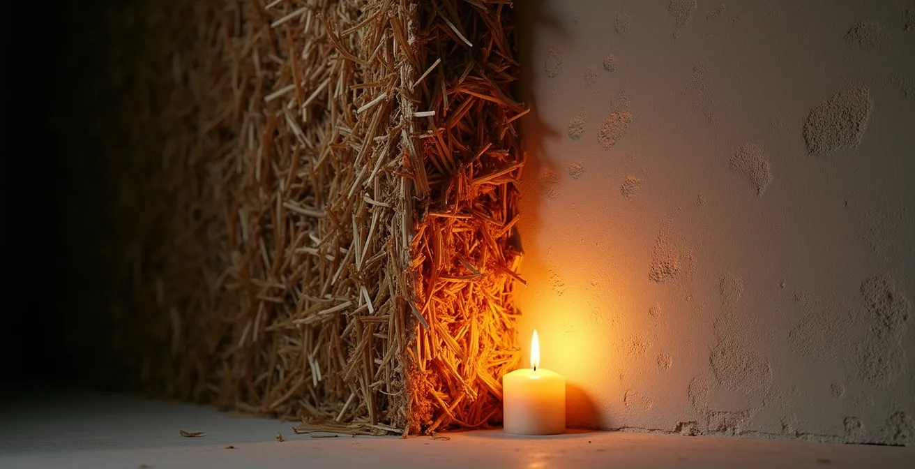 Vue en coupe d'un mur de paille avec enduit de chaux montrant les couches protectrices