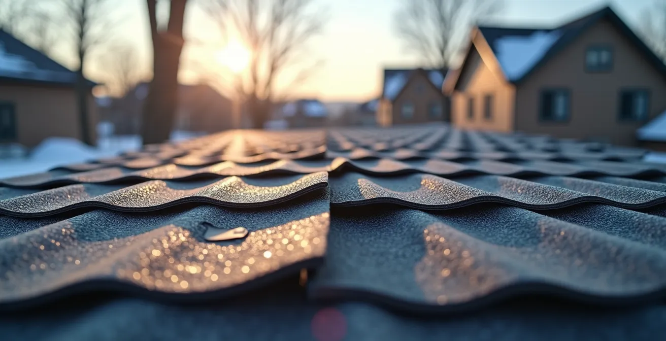 Vue rapprochée de bardeaux d'asphalte soulevés par le vent sur une toiture québécoise en hiver