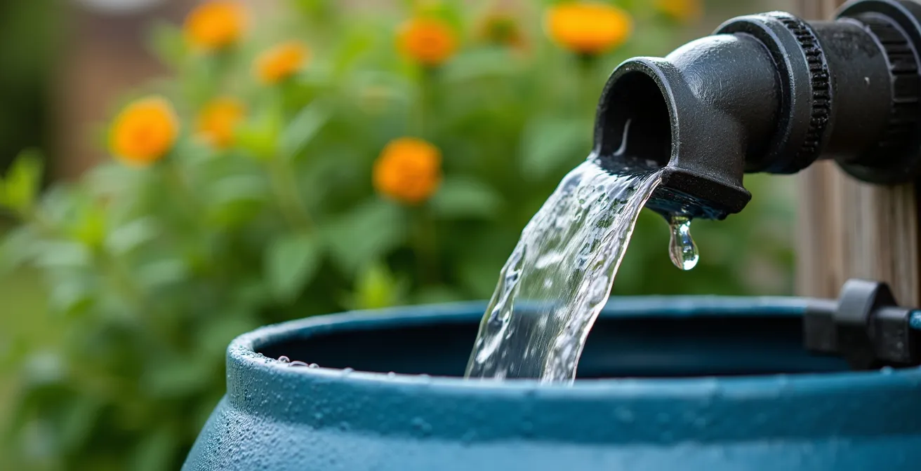 Système de récupération d'eau de pluie avec baril connecté aux gouttières pour l'arrosage du jardin
