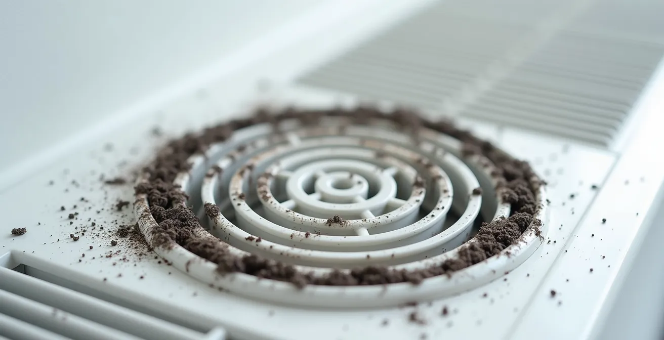 Gros plan sur une bouche d'aération avec traces de dépôt noir caractéristique de la suie fantôme