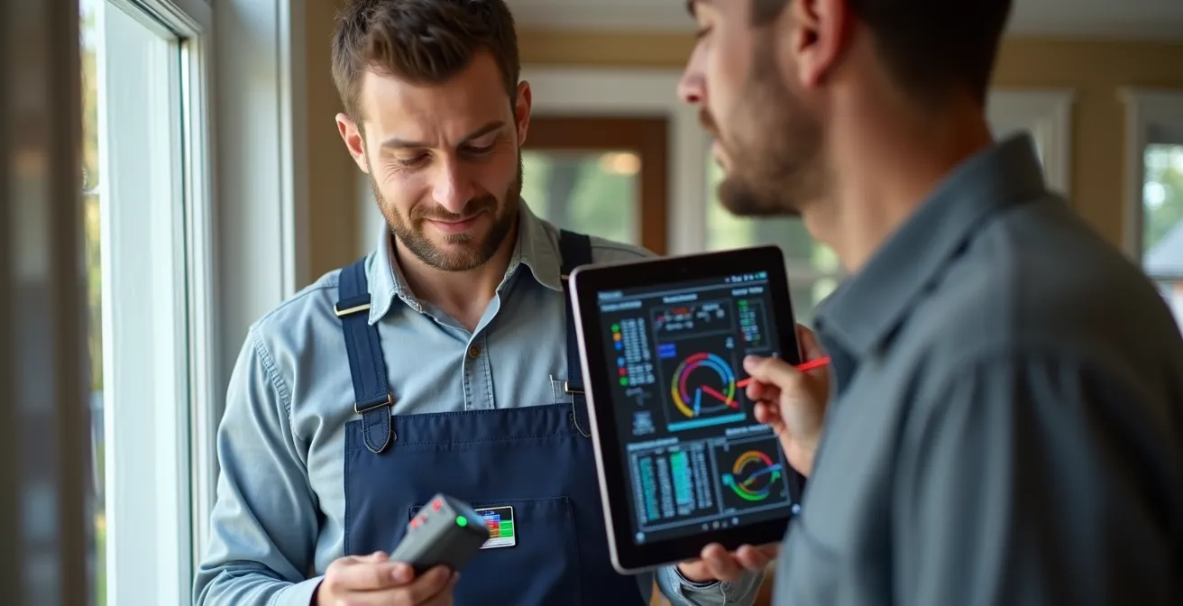 Entrepreneur effectuant un calcul de charge thermique avec un logiciel spécialisé dans une maison québécoise