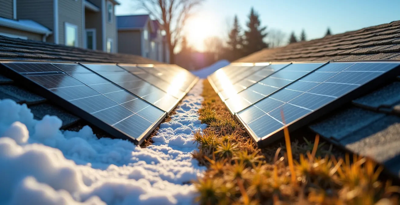 Schéma visuel montrant l'angle optimal d'installation de panneaux solaires sur un toit québécois avec trajectoire du soleil été/hiver