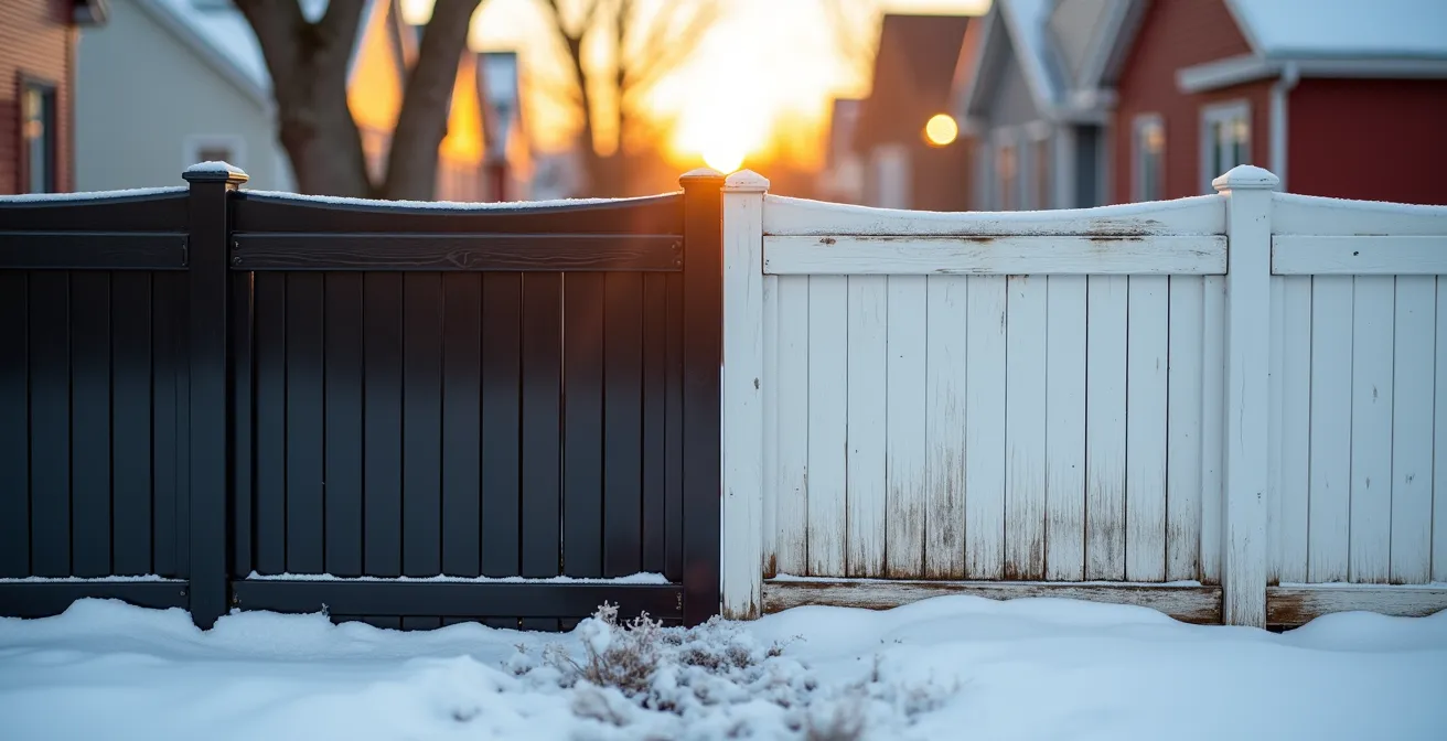 Comparaison visuelle entre une clôture en aluminium et une en PVC après un hiver québécois
