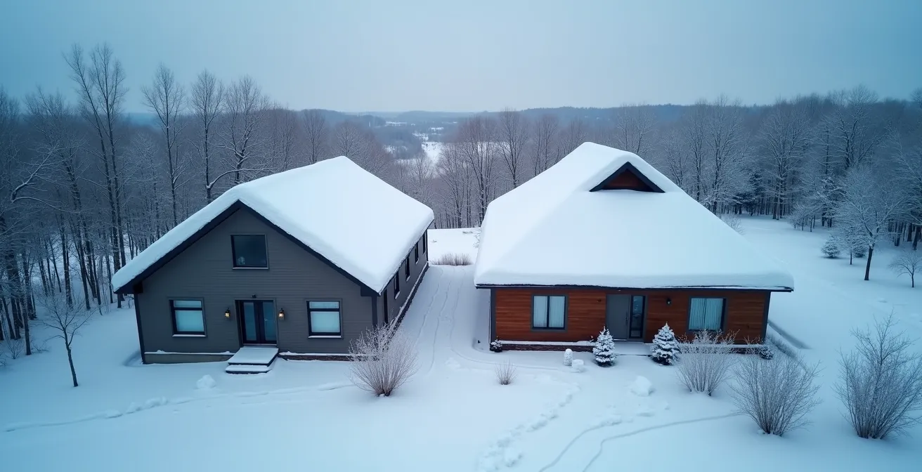 Comparaison visuelle de l'accumulation de neige sur un toit à faible pente versus forte pente au Québec