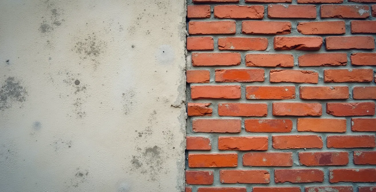 Comparaison côte à côte d'un mur de brique sablé poreux et d'un mur intact avec sa patine naturelle