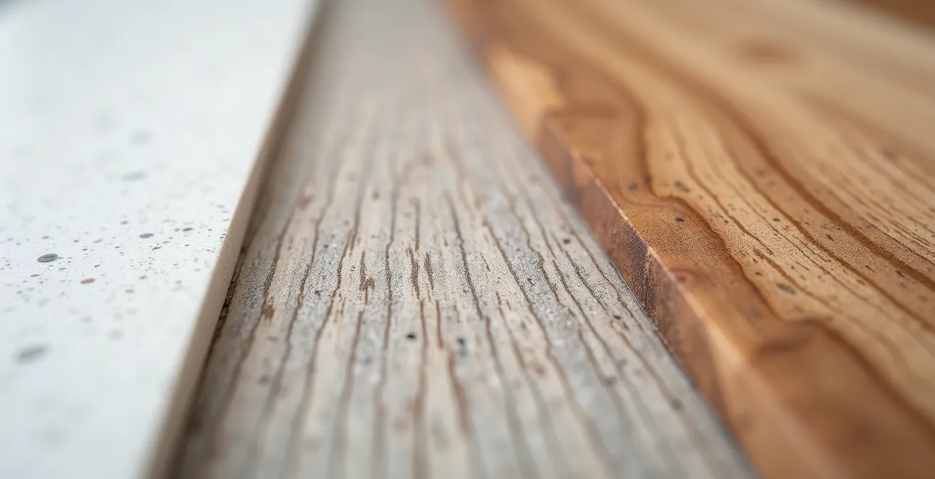 Gros plan sur trois échantillons de comptoirs différents posés côte à côte sur une surface