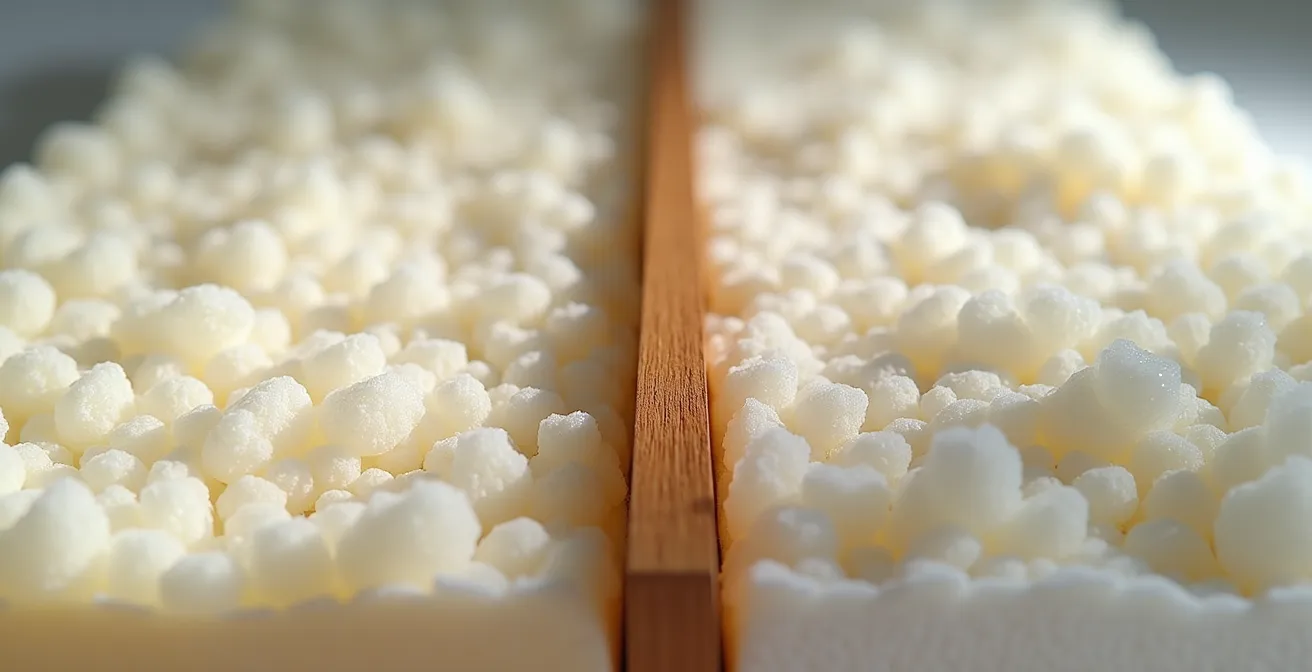 Coupe transversale montrant la différence de densité entre cellulose et laine de verre