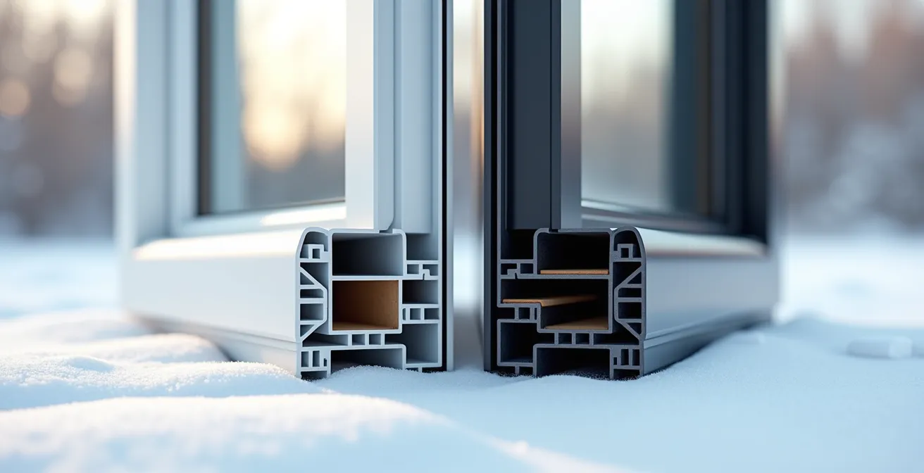 Comparaison visuelle entre fenêtre PVC blanc et fenêtre hybride aluminium-PVC de couleur foncée