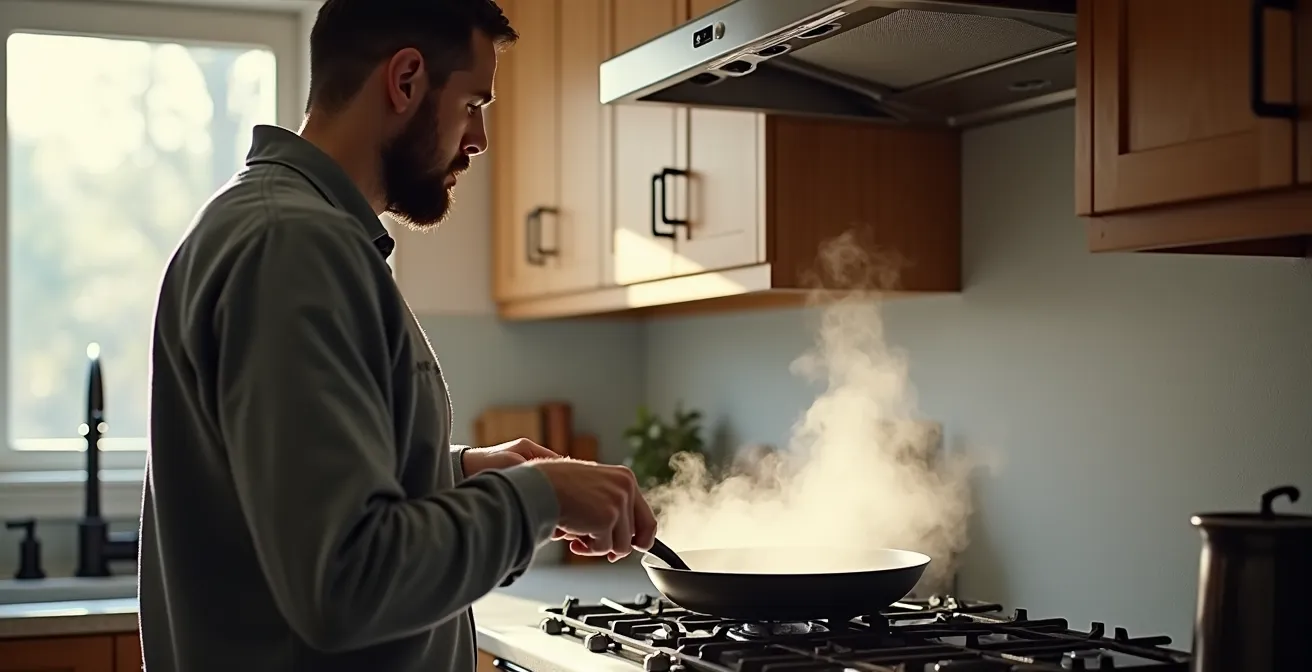Vue aérienne d'une cuisine moderne montrant les flux d'air avec flèches invisibles suggérées par la vapeur