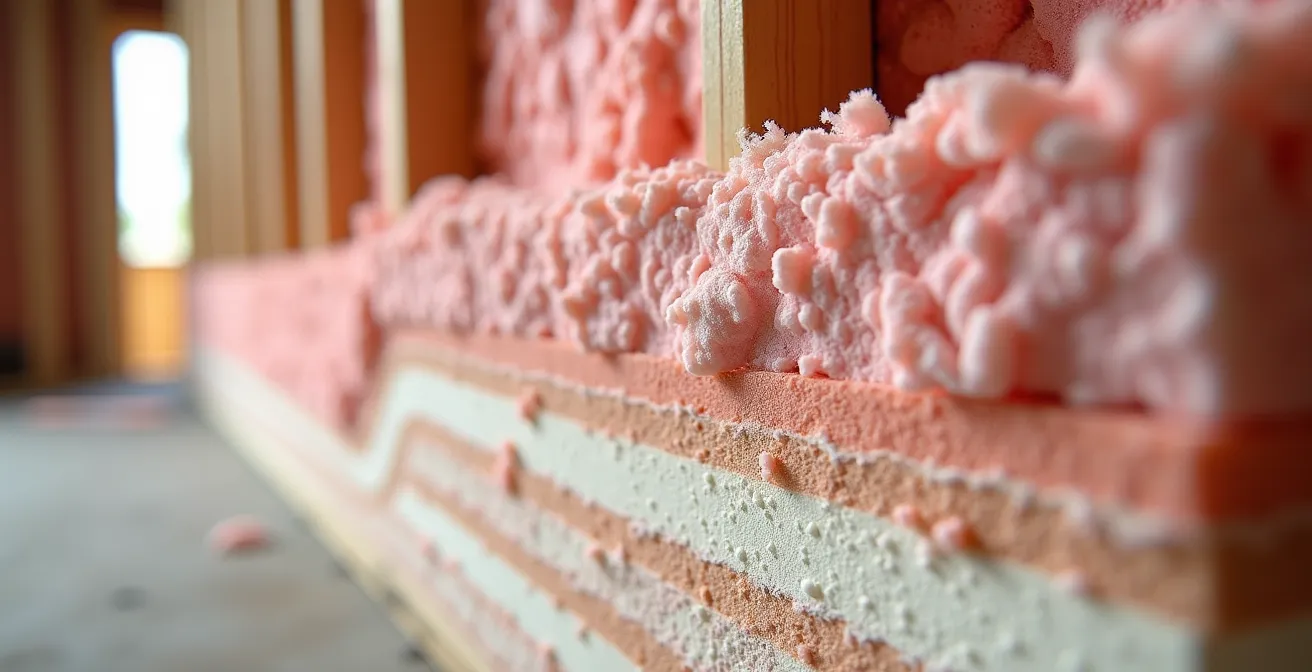 Coupe transversale d'un mur de maison montrant la différence d'épaisseur d'isolation requise en 1980 versus aujourd'hui au Québec.