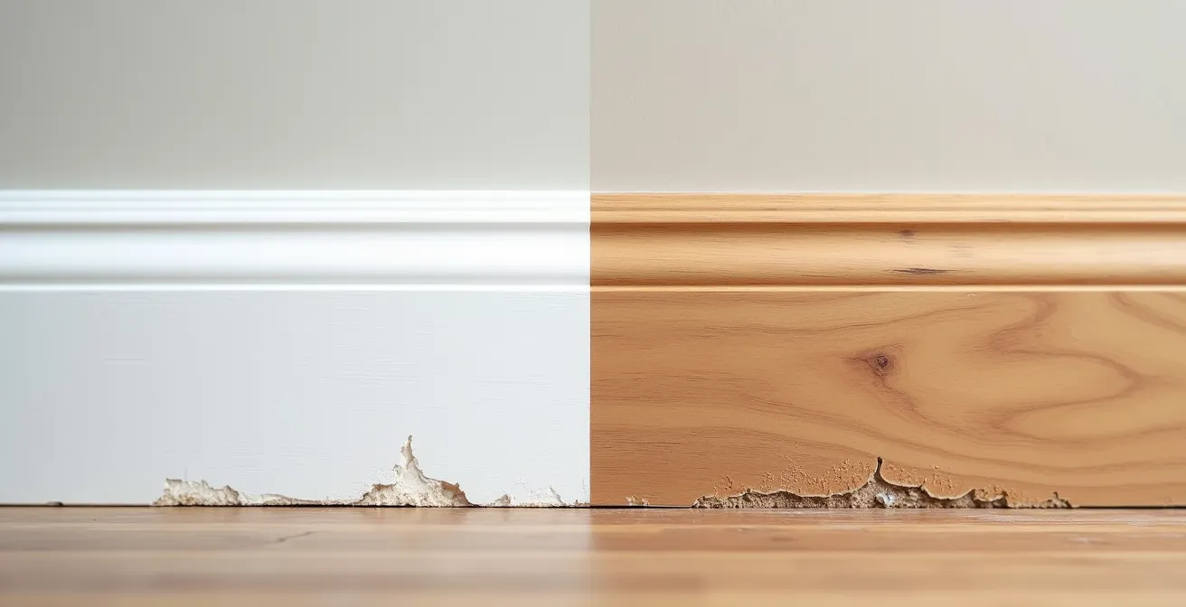 Gros plan comparatif de deux types de plinthes montrant les différences de texture et finition