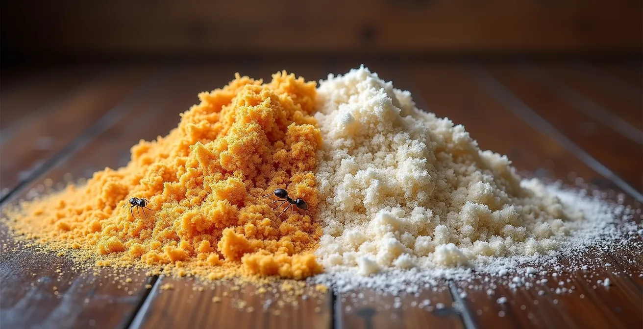 Vue comparative de la sciure de fourmis charpentières fibreuse avec fragments d'insectes versus la poussière de gypse uniforme