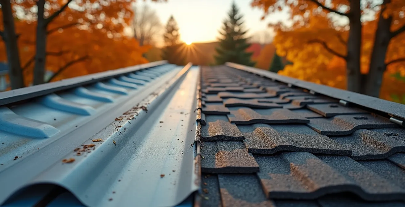 Vue aérienne montrant une maison québécoise avec moitié tôle et moitié bardeau