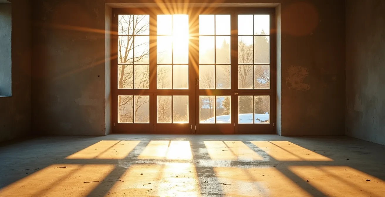 Coupe technique montrant les rayons solaires traversant un double et un triple vitrage avec différents coefficients de gain