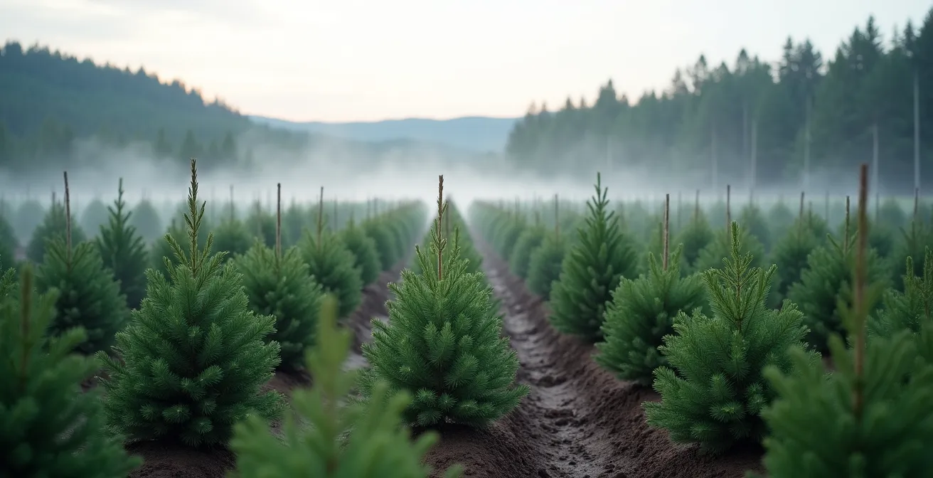 Jeunes arbres plantés dans une forêt boréale québécoise avec équipement de mesure carbone