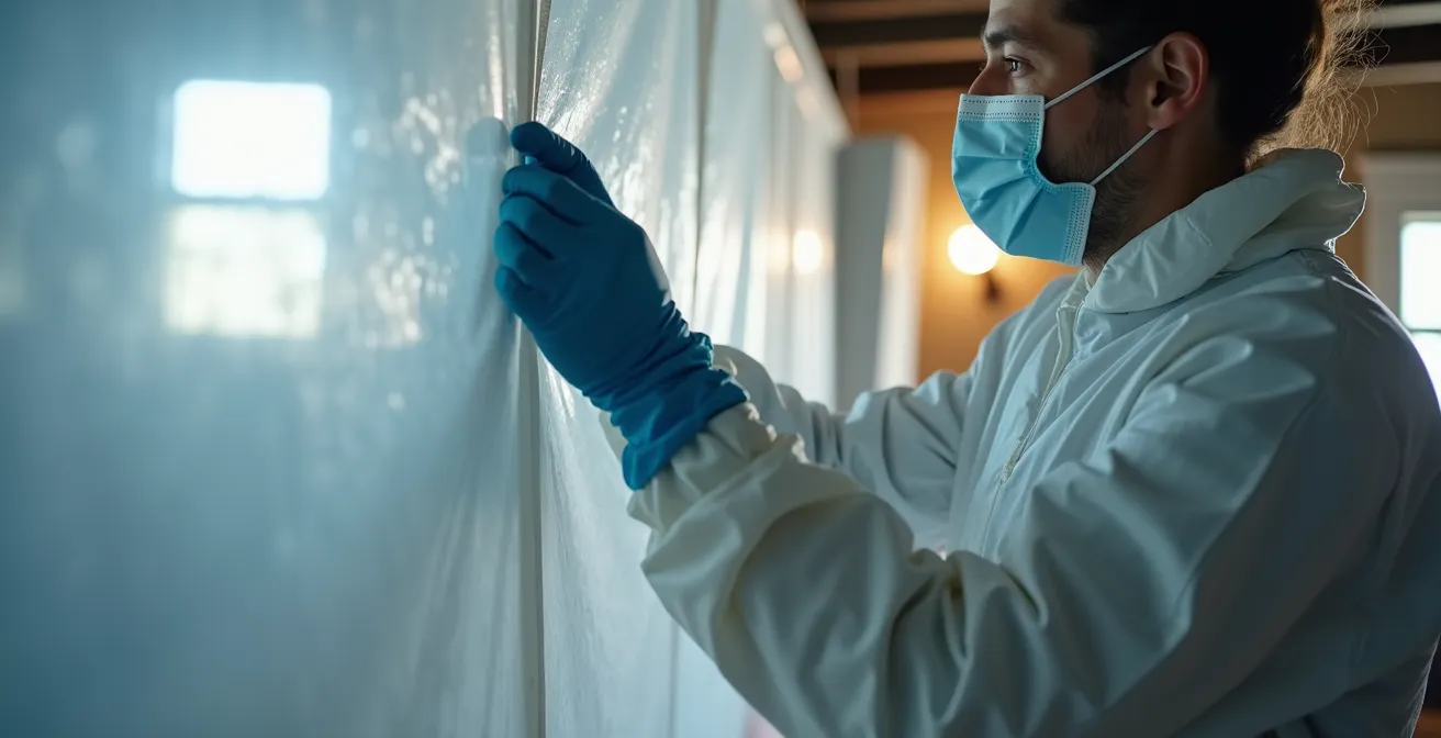 Zone de confinement professionnelle avec bâche polyéthylène et machine à pression négative dans un sous-sol québécois