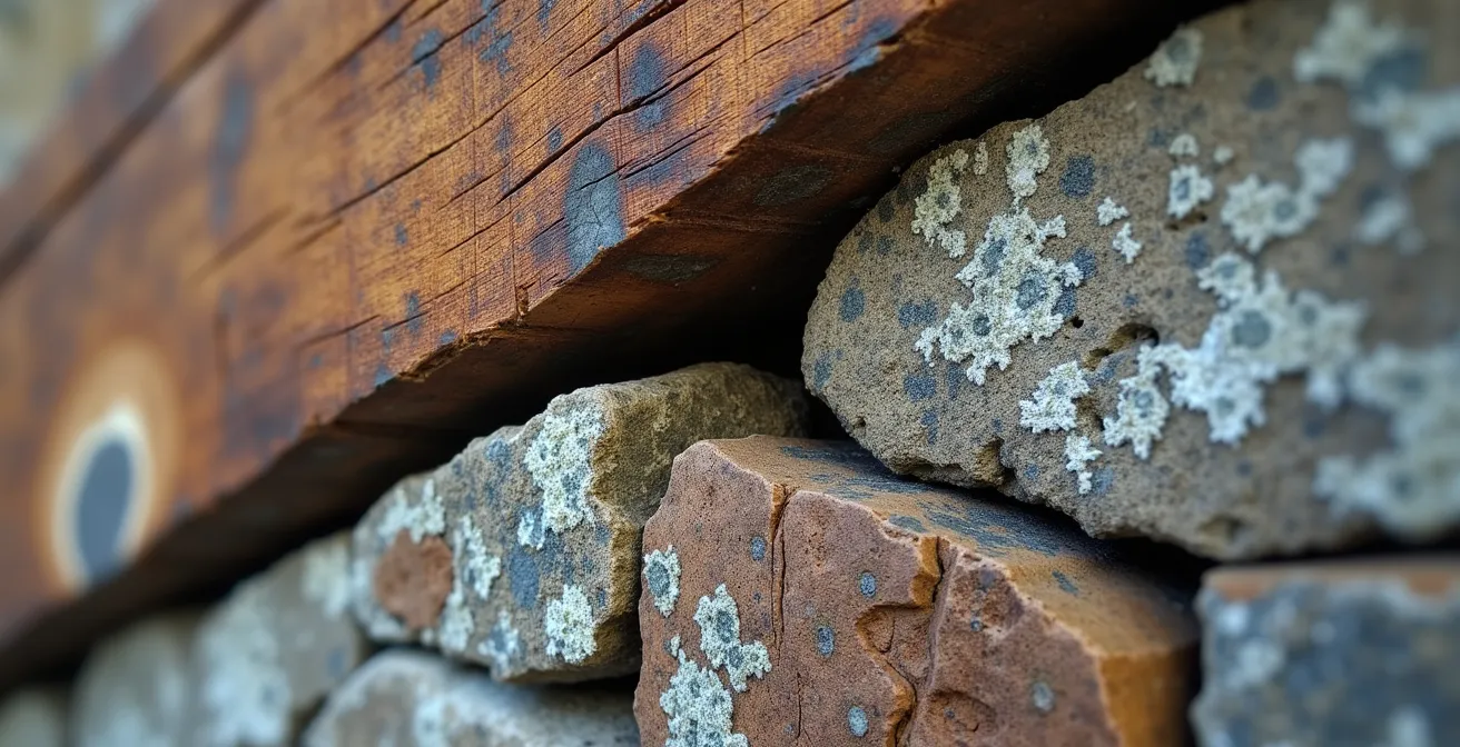 Détail architectural montrant la jonction entre bois massif centenaire et maçonnerie traditionnelle québécoise