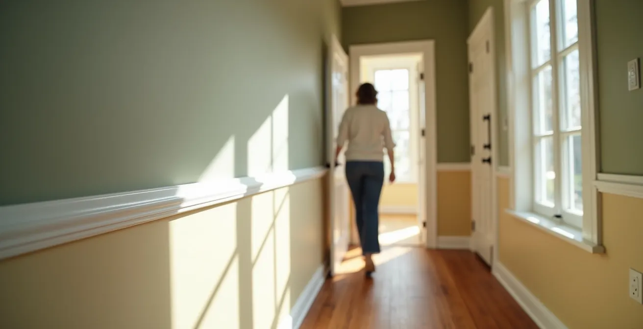 Corridor résidentiel montrant l'effet de différentes finitions de peinture sous éclairage naturel