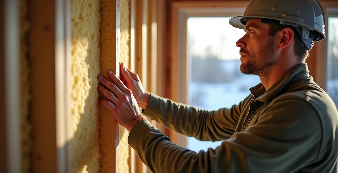 Vue en coupe d'un mur à ossature double montrant les couches d'isolation et le pare-vapeur