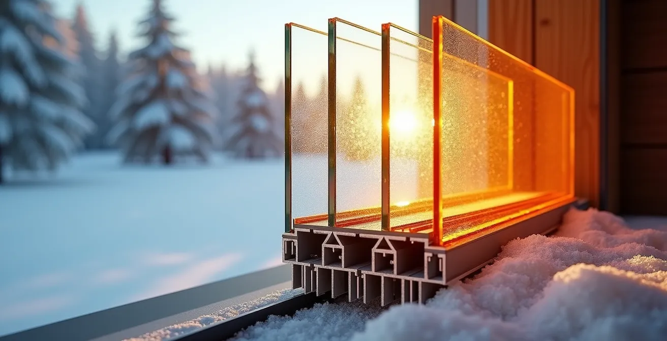 Coupe technique d'un vitrage triple montrant les couches de verre, gaz argon et pellicules Low-E