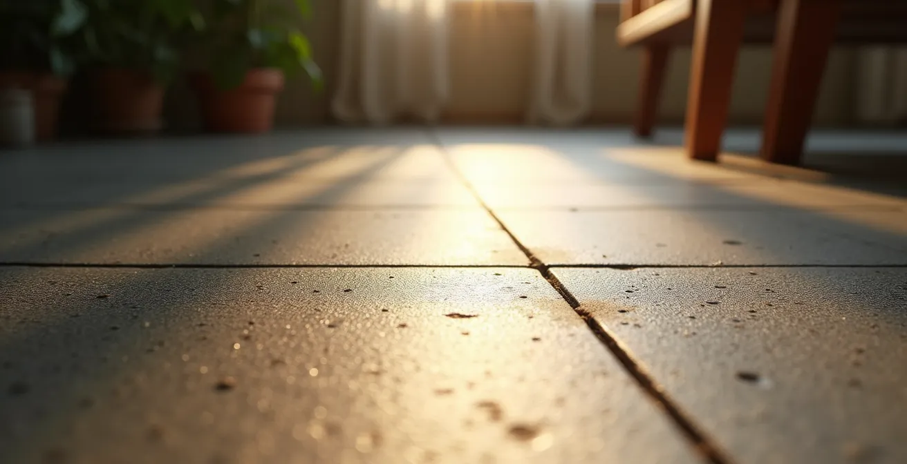 Dalle de béton poli foncé captant les rayons du soleil dans un intérieur québécois minimaliste