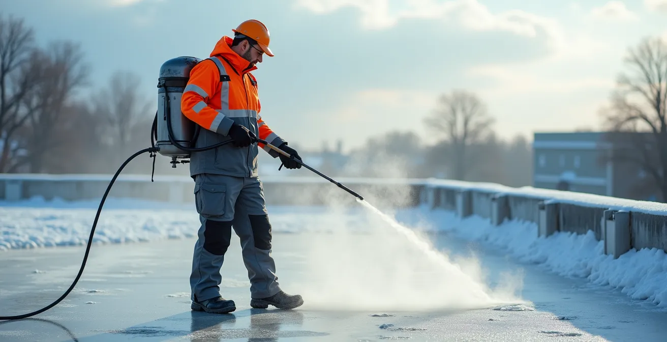 Technicien utilisant un équipement de vapeur pour déglacer une toiture en sécurité