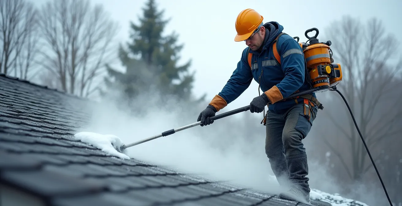 Technicien utilisant une machine à vapeur pour déglacer une toiture en pente avec bardeaux d'asphalte