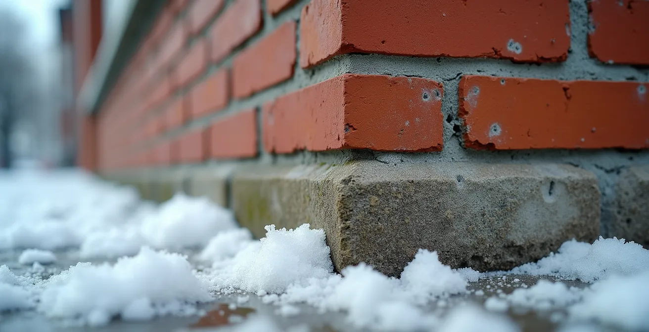 Vue détaillée d'un mur de briques montrant la zone critique des 60 premiers centimètres avec protection contre le sel
