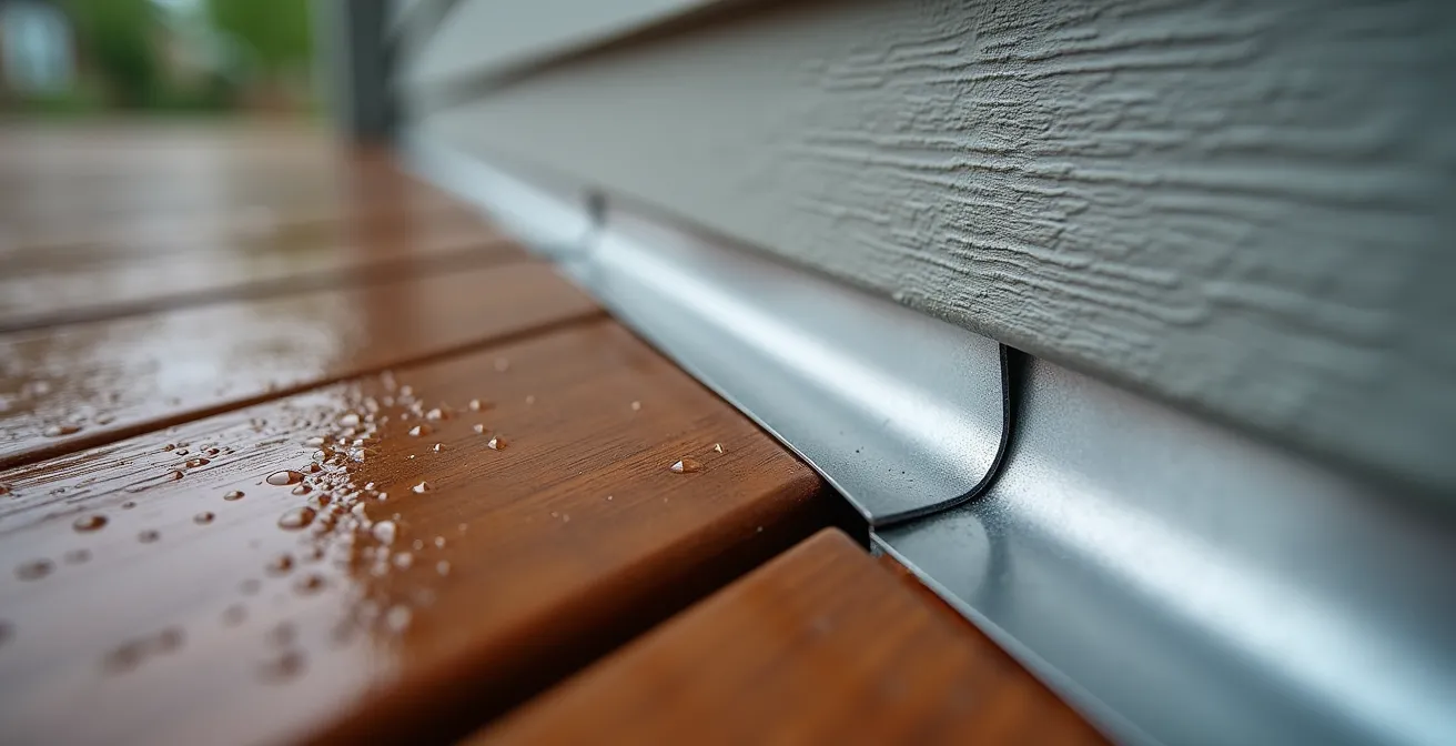 Coupe technique montrant l'installation correcte d'un solin entre un patio et le revêtement d'une maison