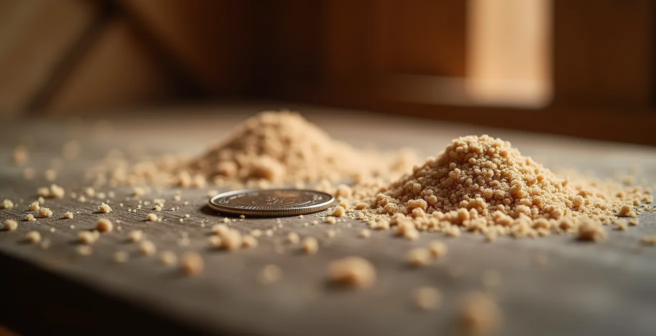 Détail macro de sciure de bois produite par les fourmis charpentières dans une structure québécoise
