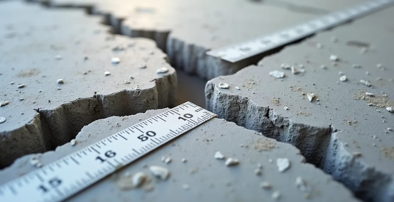 Gros plan sur une fissure de fondation avec témoin en plâtre pour surveillance