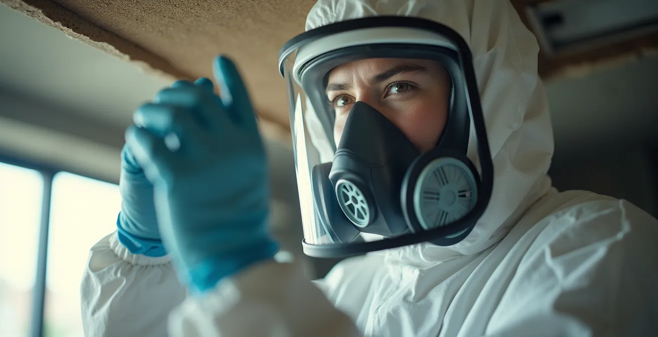 Professionnel en équipement de protection prélevant un échantillon de matériau suspect