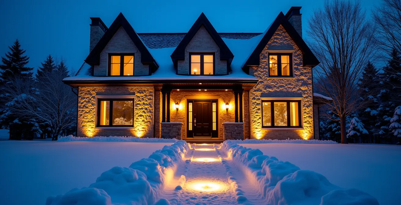 Éclairage architectural extérieur d'une maison québécoise en soirée d'hiver avec spots LED illuminant l'entrée