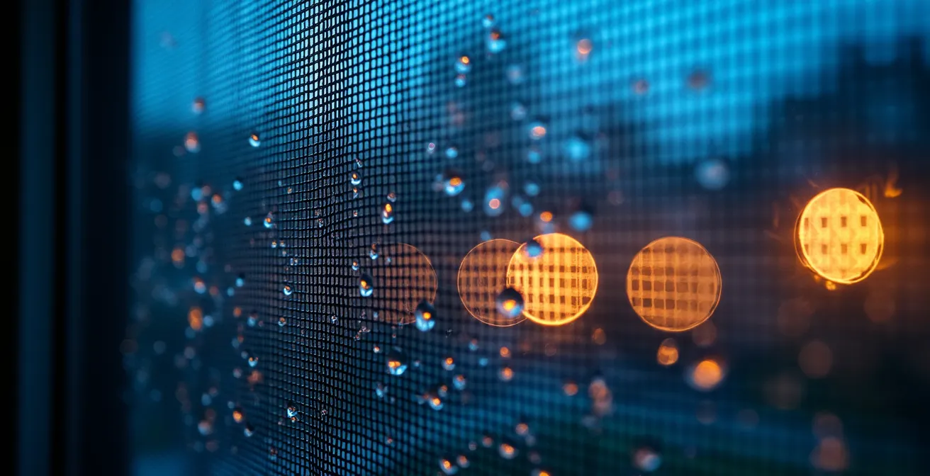 Coupe de maison montrant la circulation d'air frais entrant par les fenêtres basses et l'air chaud sortant par les ouvertures hautes la nuit