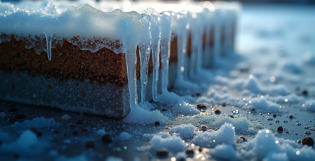 Coupe transversale schématique montrant l'effet du gel et la formation de lentilles de glace sous une fondation mal protégée.
