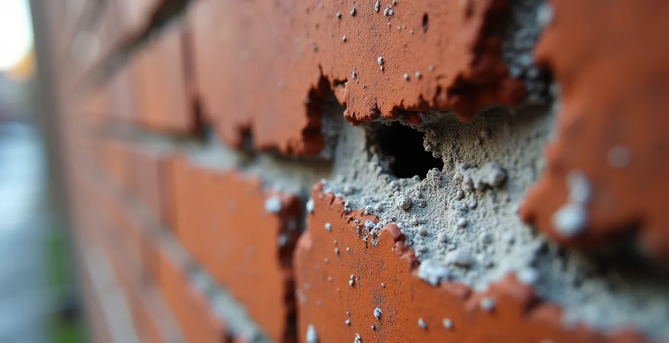 Gros plan sur une brique éclatée montrant l'effritement caractéristique causé par le gel-dégel
