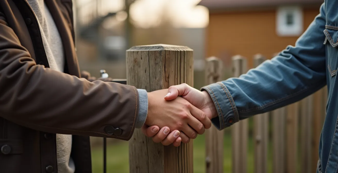 Deux voisins québécois signant une entente de mitoyenneté devant une clôture