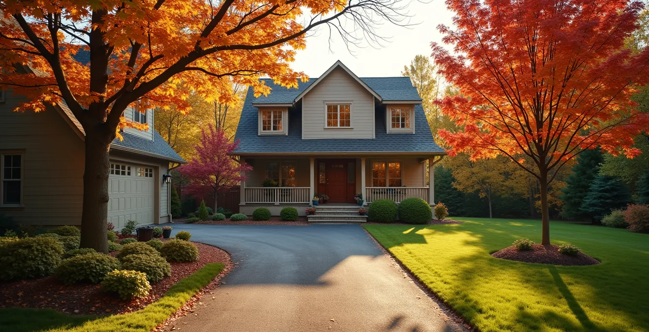 Vue large d'une maison québécoise avec espacement approprié entre la végétation et la structure