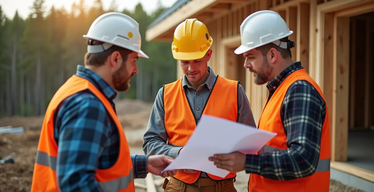 Équipe de construction travaillant sur un chantier de maison écologique avec matériaux locaux