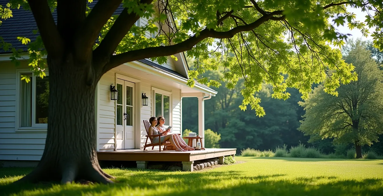 Grand érable à sucre créant de l'ombre naturelle sur une maison québécoise en été