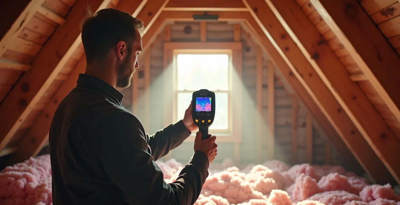 Conseiller énergétique inspectant l'isolation d'un grenier avec équipement professionnel