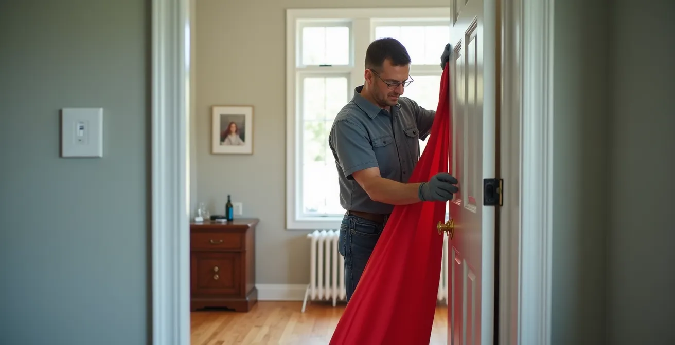Technicien installant un équipement de test dans l'encadrement d'une porte de maison québécoise