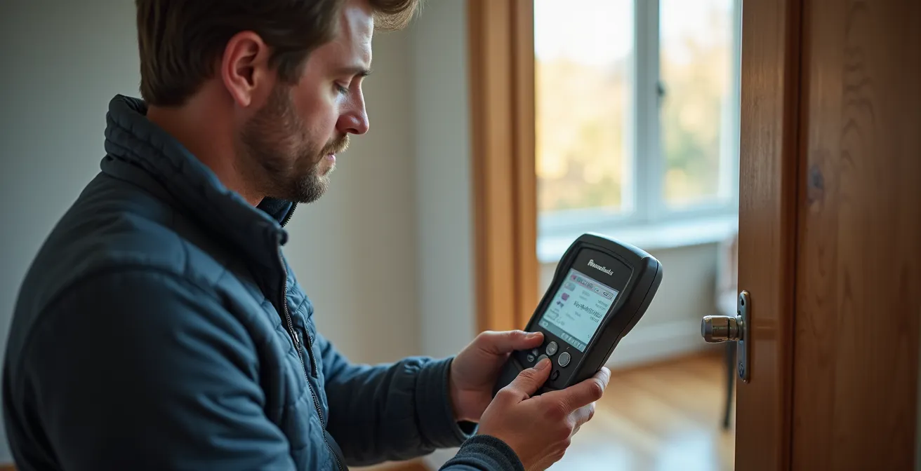 Conseiller Rénoclimat effectuant un test d'infiltrométrie dans une maison québécoise