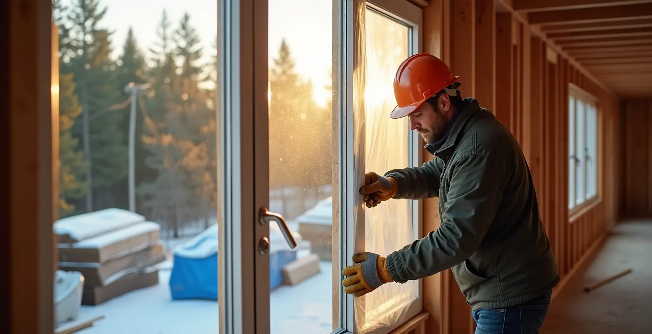 Chantier de construction avec fermetures temporaires installées avant l'hiver québécois