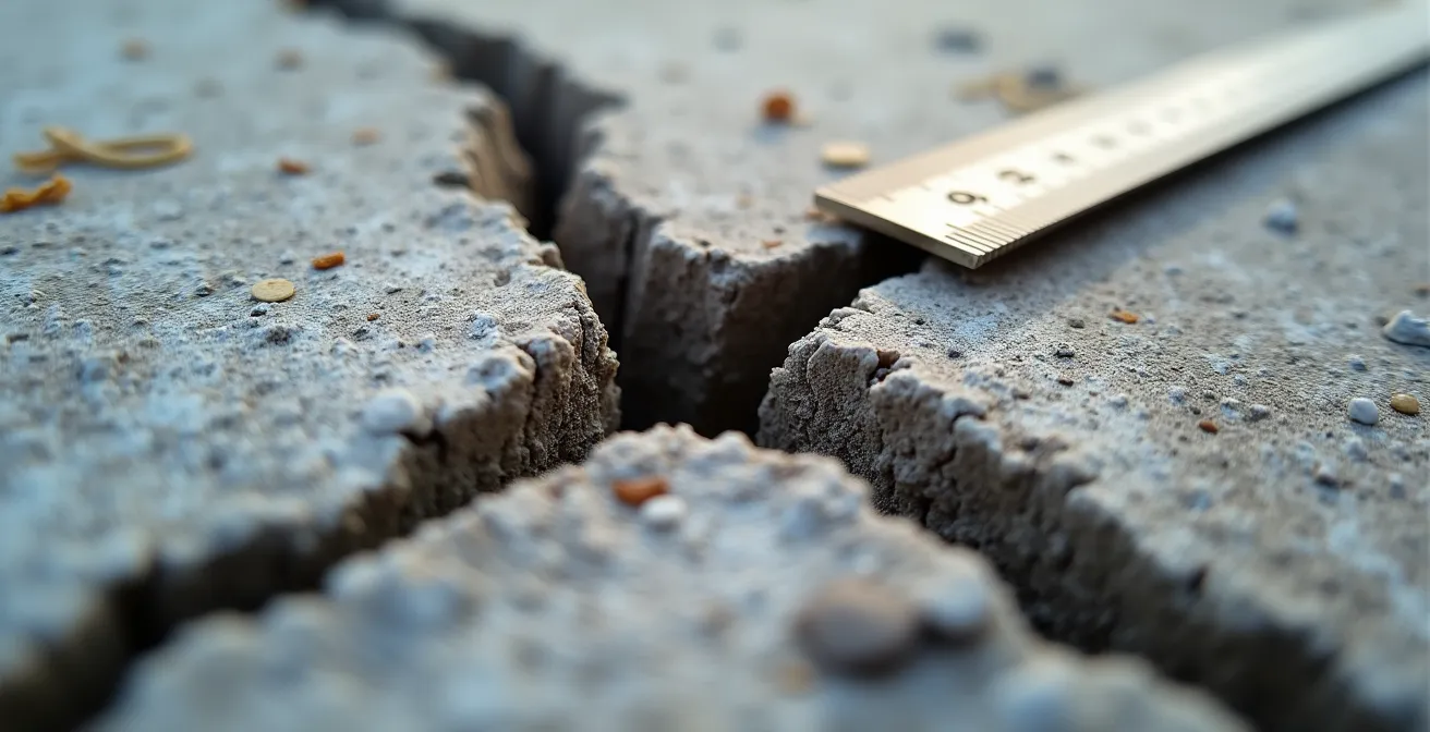 Fissure de fondation avec règle de mesure pour évaluation de gravité